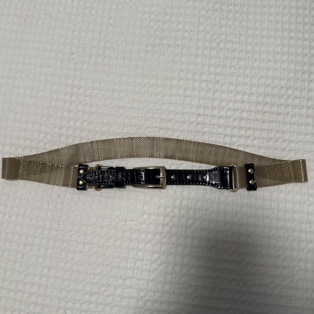 Topshop Metallic Gold Mesh Belt with Black Patent Leather Accents